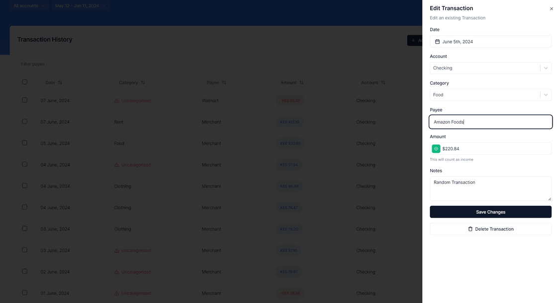 Transactions Edit Sheet